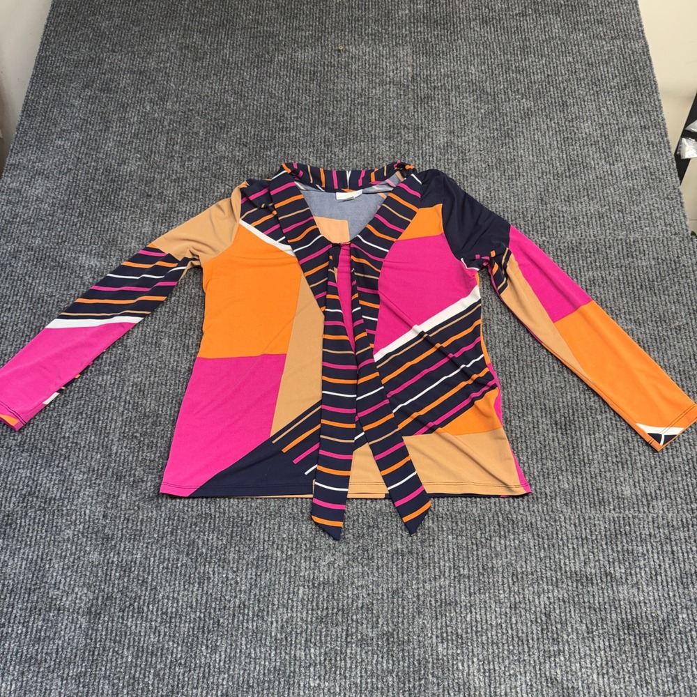 Charter Club XXL Womens Geometric Stripe Tie Neck Long Sleeve Blouse Pink Orange